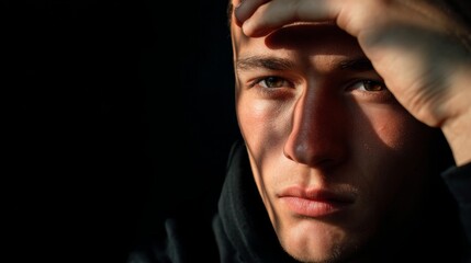 Close up portrait of a young man with brown eyes hand on forehead against a dark background