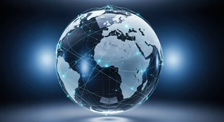 glowing network lines connecting continents on a floating glass globe, minimal luxury style