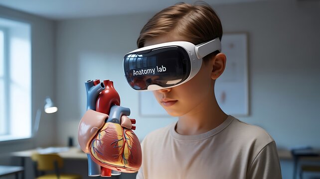 Boy wearing VR headset examines a human heart model , , headset, anatomy, lab, human heart, 