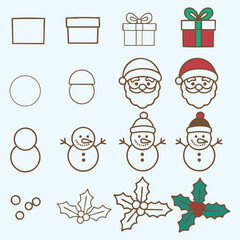 Christmas step by step drawing tutorial for gifts Santa face snowmen and holiday elements