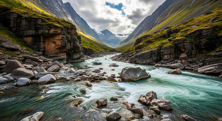 The powerful river carves its way through the rugged mountain landscape, creating a breathtaking scene of natures raw beauty and untamed wilderness