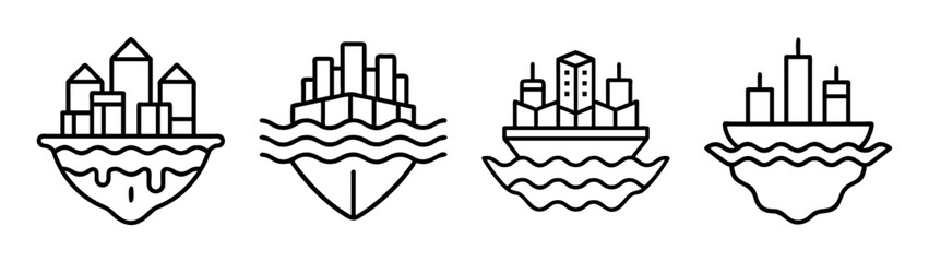 Obraz premium Floating cityscapes outline icon set. urban water concept graphic.