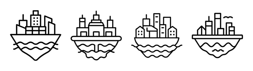 Obraz premium Modern outline icons of cities on floating islands above water