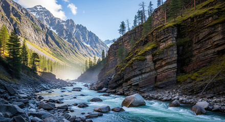 The pristine river flows through the majestic mountain valley, its crystalclear waters reflecting the towering peaks and lush greenery of the surrounding landscape