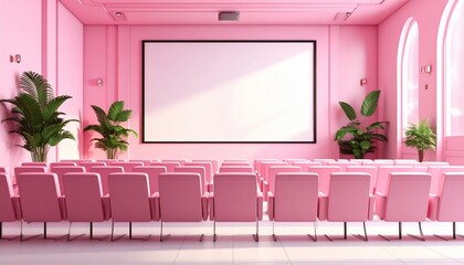 Pink Modern Cinema Room Blank Screen with Rows of Seats, and Interior Design Concept.