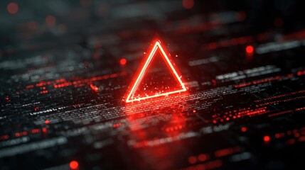 A glowing red triangle on a dark, digital background filled with code, creating a futuristic and mysterious atmosphere.