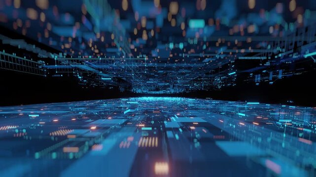 Futuristic digital data network background. Glowing blue, orange lines, dots, abstract geometric shapes. Represents technology, AI, big data, innovation, connectivity.