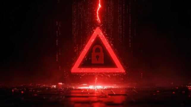 A digital illustration featuring a red triangular warning sign with a padlock, surrounded by falling binary code and a dark, futuristic background.