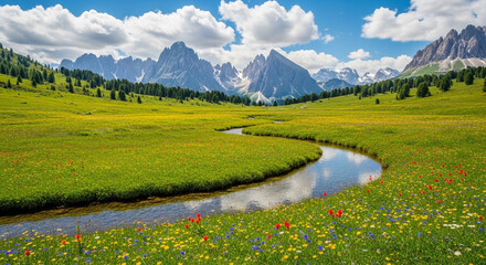 Idyllic summer landscape in the dolomites with a winding stream flowing through a lush green meadow and majestic mountains in the background under a blue sky