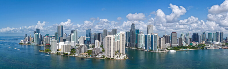 Fototapeta premium Panorama of Brickell in Miami. Brickell skyline on a sunny day. Panorama view of Brickell. Brickell famous panorama. Miami downtown landscape.
