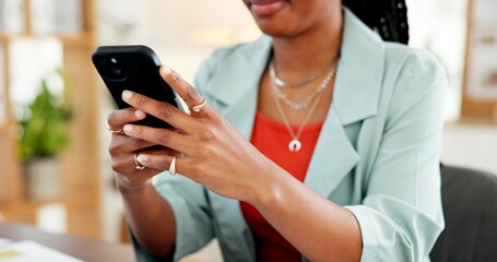 Marketing, creative agency or hands typing with phone for planning update, agenda or launch change. Branding, woman writing email or campaign director with mobile, schedule strategy or calendar fix