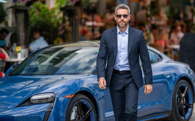 Luxury business. Rich man near expensive car. Luxury business travel. Confident rich businessman in classic suit. Mature businessman. Rich business man expressing success. Copy space