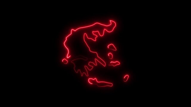 Vivid Red Neon Outline of Greece Map Illuminated on Black Background Keywords: Greece, map, outline, neon, glowing, red, vivid, light, energy, digital, graphic, design, abstract