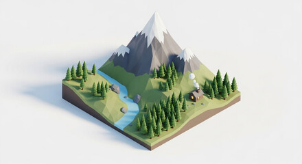 Isometric mountain landscape with snowy peak, river, trees, and cabin, , creating a charming and minimalist scene