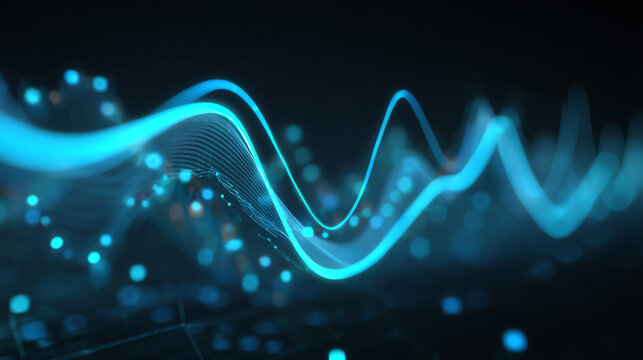 Abstract digital wave with glowing blue particles, representing energy and data flow in modern technology.