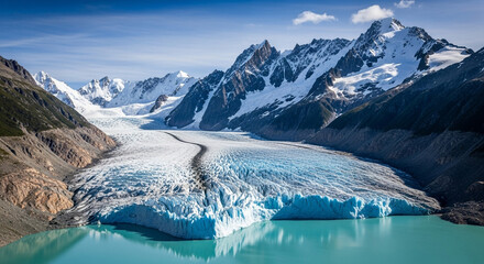 Breathtaking aerial view of a glacier flowing between snowcapped mountains, creating a stunning and icy landscape with turquoise water