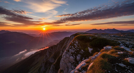 Majestic sunrise over the mountain range, with the sun casting a golden glow on the peaks and clouds, creating a breathtaking and serene landscape view