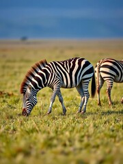 Obraz premium Zebras graze peacefully in a vast grassland, their stripes a distinctive pattern, social, grassland