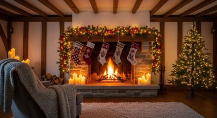 Cozy Christmas Fireplace Background with Warm Lights and Holiday Decor