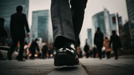 A person's shoe stepping forward on a busy urban street, surrounded by blurred figures and modern skyscrapers under a moody sky.