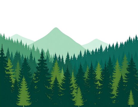Illustration of a layered forest with mountains and evergreen trees