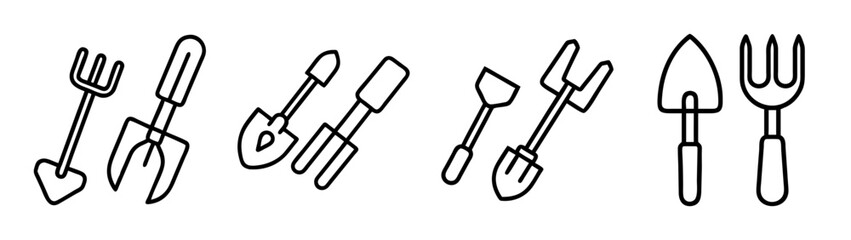 Outline icon set of gardening tools, hand fork and spade vectors
