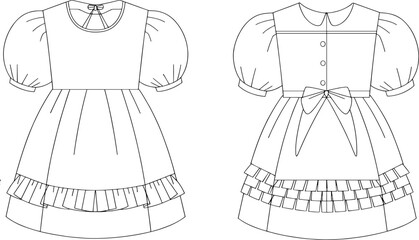 Cute puff sleeve children’s dress fashion sketch with ruffles, bows, pleats, sewing details, front view, line art vector