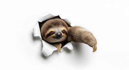 Naklejka premium Adorable Sloth Peeking Out from Torn White Paper with Playful Curiosity, Isolated Studio Shot