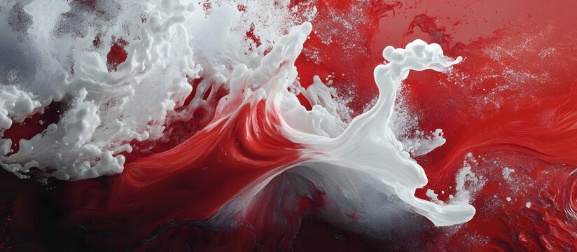 Hyperrealistic red and white liquid swirl over dark glossy surface. - Powered by Adobe