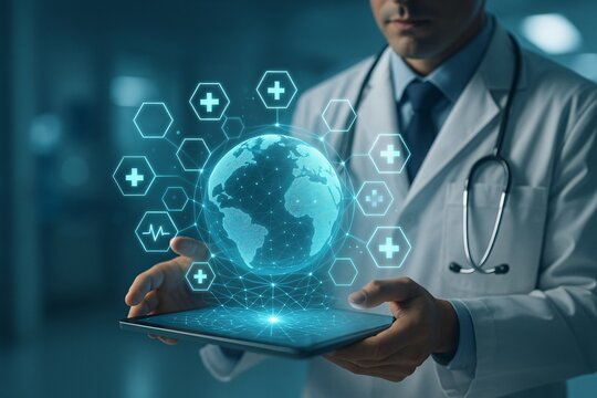 Doctor presenting a glowing holographic globe surrounded by medicals technology icons, representing global health innovation, digital platforms, and future-ready medical infrastructure.