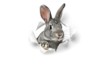 Obraz premium Curious Gray Rabbit Peeking Through a Ripped White Paper Hole with Playful Expression