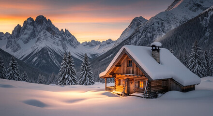 A cozy wooden cabin nestled in a snowy valley, illuminated by the warm glow of sunset, with majestic mountains rising in the backdrop, creating a serene winter scene