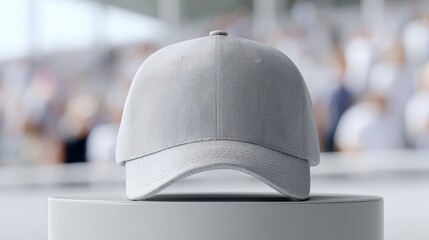 Light grey baseball cap on a cylindrical stand against a blurry indistinct background