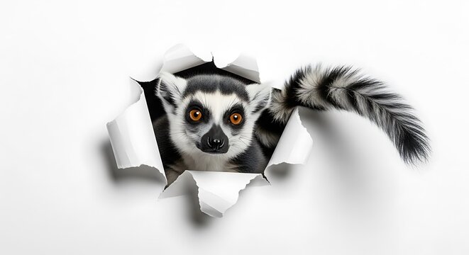 Curious ring-tailed lemur peeking through torn white paper, its bright orange eyes and striped tail visible. - Powered by Adobe