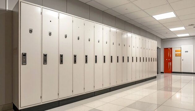 School hallway with lockers with interior, modern design, and educational background.