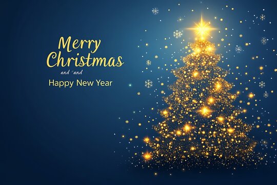 Holiday greeting card with a sparkling golden Christmas tree, set against a soothing blue backdrop with subtle snowflakes and “Merry Christmas and Happy New Year” text