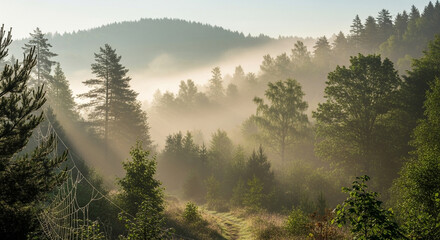 Sun rays shine through the fog in a forest at sunrise, creating a beautiful and ethereal scene with trees, fog, light, nature, and landscape