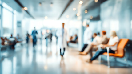 Blurry image of a busy waiting area in a hospital with patients and medical staff attending to their needs.