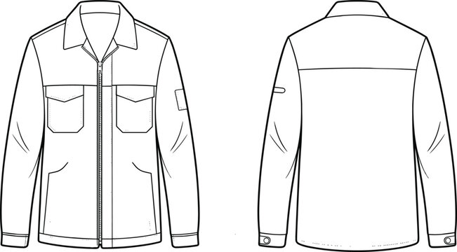 Front and back technical flat sketch of casual zip-up jacket with pockets, sleeve patch, button cuffs, and yoke detail