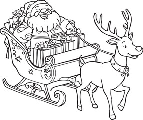 Black and white line art of a jolly Santa Claus in a sleigh full of presents pulled by a single reindeer.
