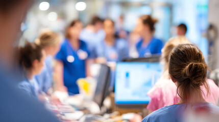 Busy healthcare professionals collaborating in a modern medical facility, showcasing teamwork and dedication.