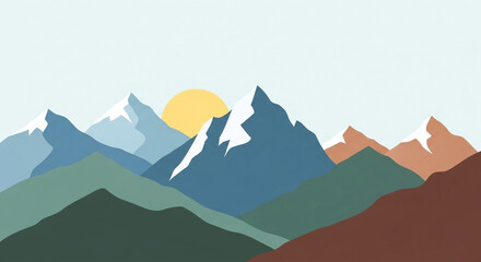 Colorful mountain landscape illustration with a rising sun, showcasing a vibrant and serene natural scene with diverse terrain