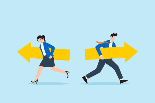 Flat illustration of businesswoman and businessman running in opposite directions carrying large arrows symbolizing disagreement competition workplace conflict and divergent business strategies