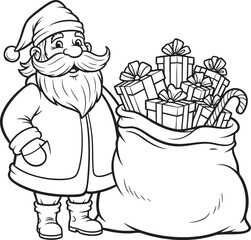 Cheerful cartoon Santa Claus with a large sack of Christmas presents a black and white line art illustration for coloring.