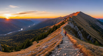 A hiker walks along a mountain ridge at sunset, with the sun painting the sky in warm colors and illuminating the valley below, showcasing the beauty of nature
