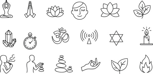 Spiritual wellness icon set with yoga, meditation, crystals, nature, mindfulness, balance, healing, and holistic symbols in line style