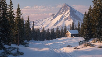 Snow covered mountain landscape featuring a cabin nestled amongst pine trees and snowy trails