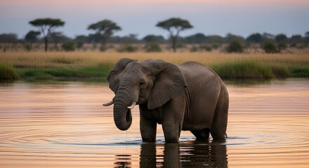 Majestic elephant wading in tranquil African waters at sunset glow