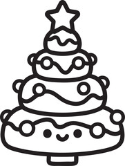 Cute Kawaii Christmas Tree with a Smiling Face and Star Topper Line Art.