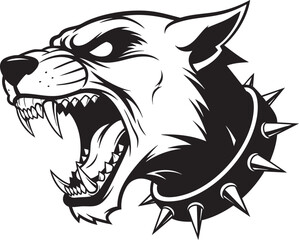 Fierce snarling dog head in profile with bared fangs and a heavy spiked collar.